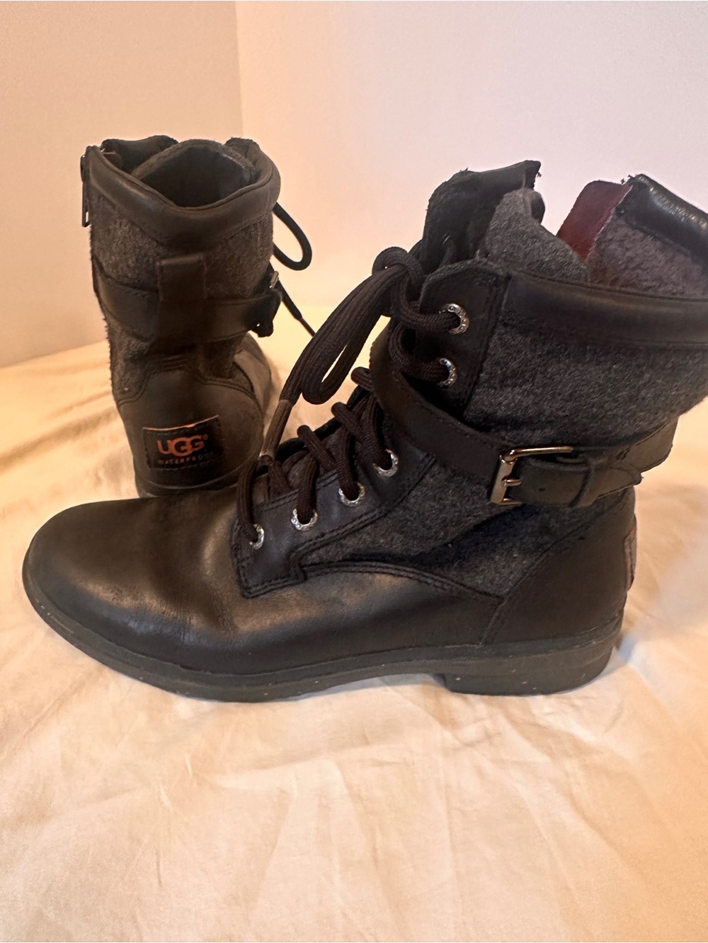 UGG Women's Black Lace-Up Leather & Wool Combat Boots with Buckle